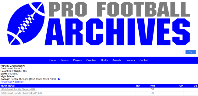 Assistant Coach Frank Gawkowski Pro Football Career.